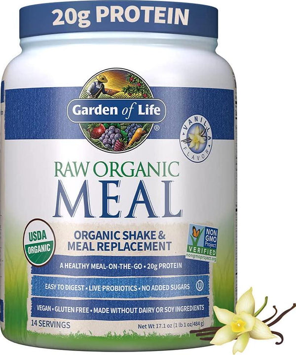Garden of Life Meal Replacement - Organic Raw Plant Based Protein Powder, Vanilla, Vegan, Gluten-Free, 17.1 oz (484g) Powder