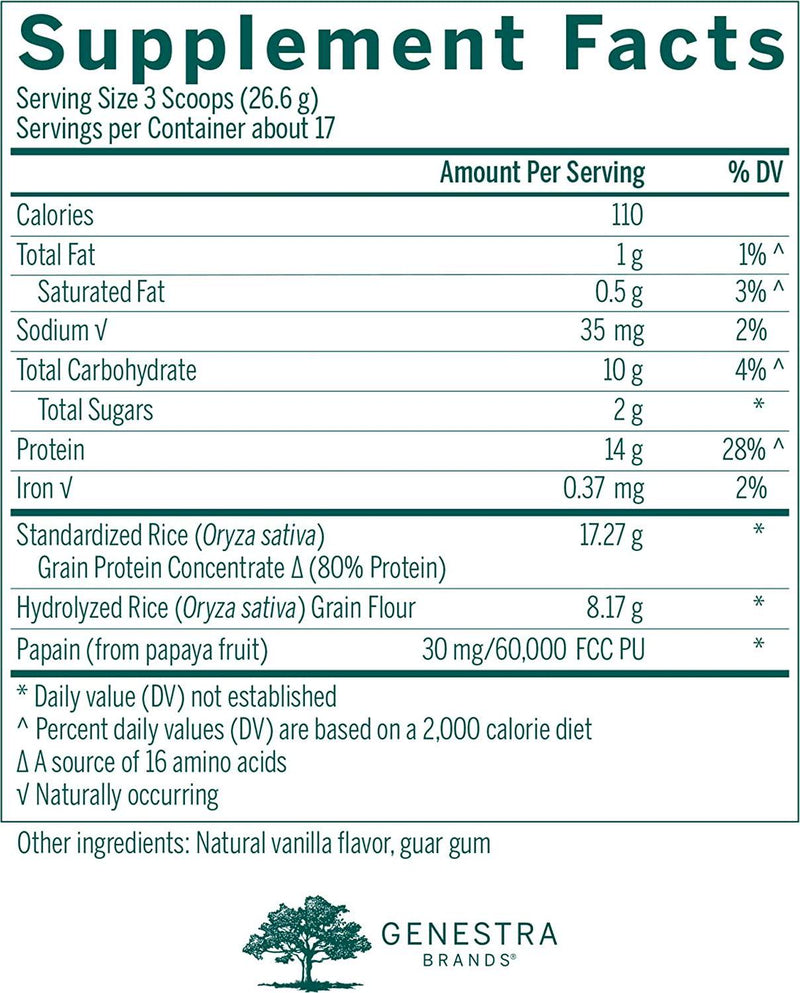 Genestra Brands Pro Rice | RiceProtein Supplement | 16 Ounces | Vanilla Flavor