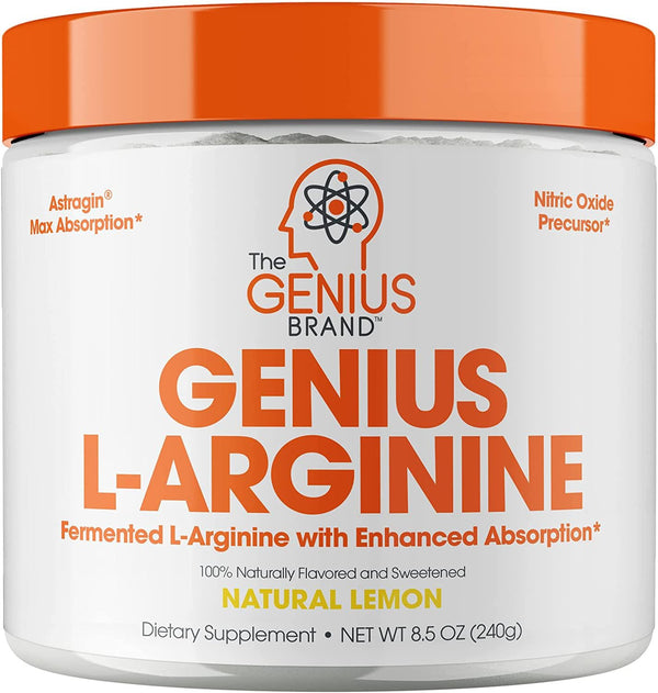 Genius L Arginine Powder - Fermented L-Arginine Nitric Oxide Supplement, Natural Muscle Builder and NO Booster for Healthy Blood Pressure, Protein Synthesis and Strength Building, Lemon, 30 Sv