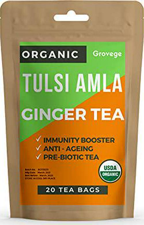 Ginger amla tulsi tea - holy basil tea - immune herbal tea - tulsi cleanse tea - organic detox tea - organic stress tea - ginger green tea organic - tulsi holy basil tea bags - 20 Tea Bags