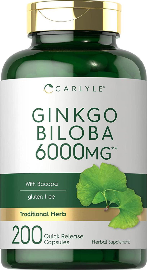 Ginkgo Biloba Capsules | 6000mg | 200 Count | Non-GMO, Gluten Free | by Carlyle
