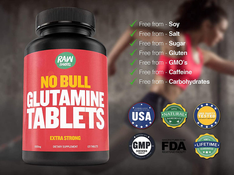 Glutamine Tablets - Pure, Non GMO, with Natural Ingredients, Soy and Caffeine Free - 120 L-Glutamine Pills at 1000mg - Amino Acid Supplement - by Raw Barrel