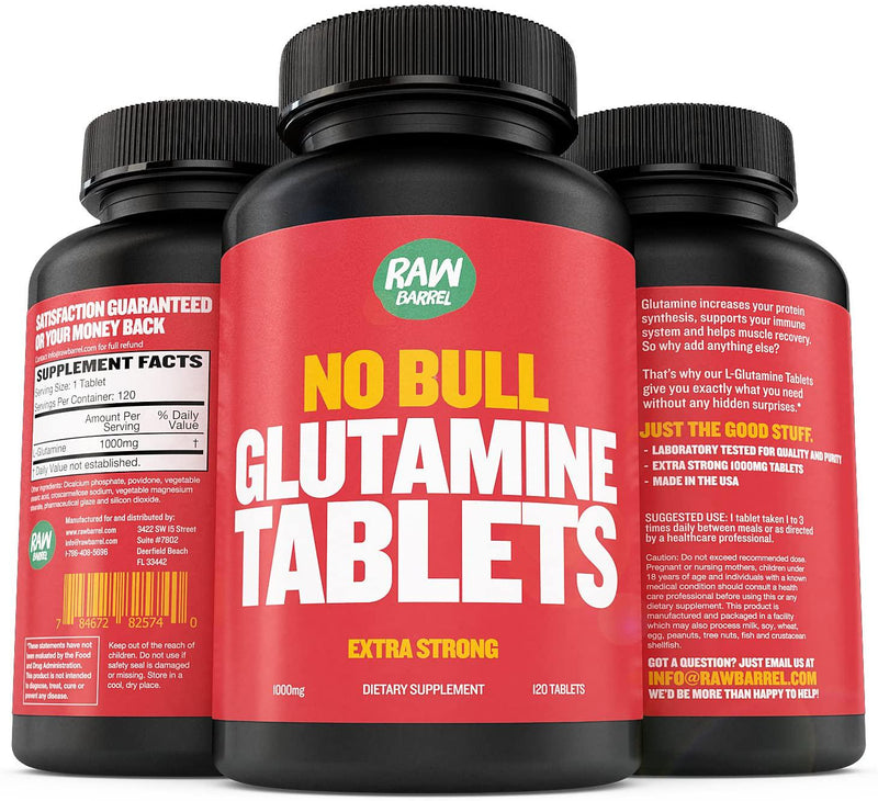 Glutamine Tablets - Pure, Non GMO, with Natural Ingredients, Soy and Caffeine Free - 120 L-Glutamine Pills at 1000mg - Amino Acid Supplement - by Raw Barrel
