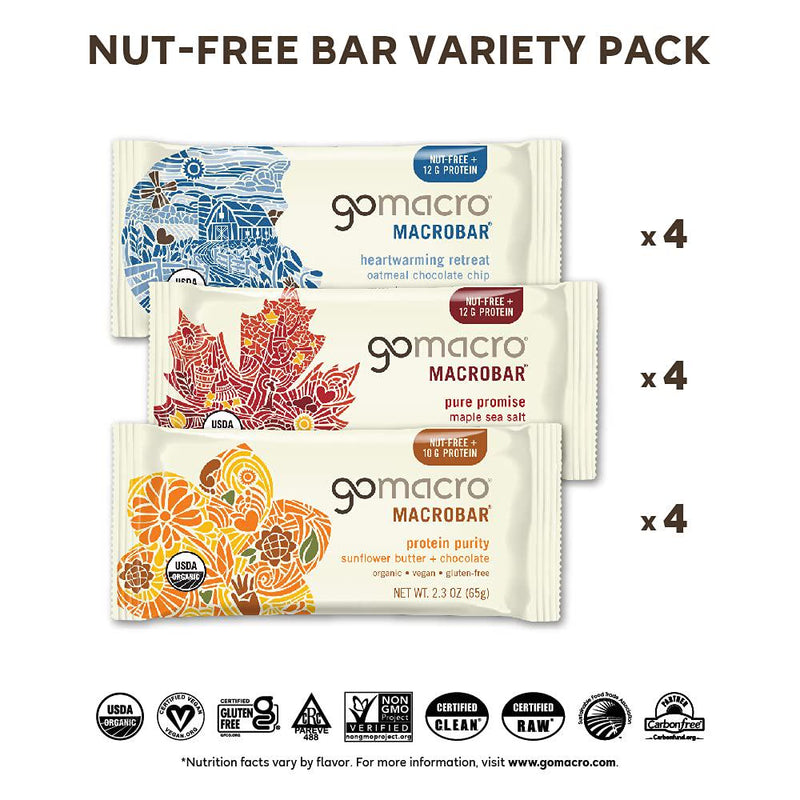 GoMacro MacroBar Organic Vegan Protein Bars - Nut-Free Variety Pack (2.3 Ounce Bars, 12 Count)