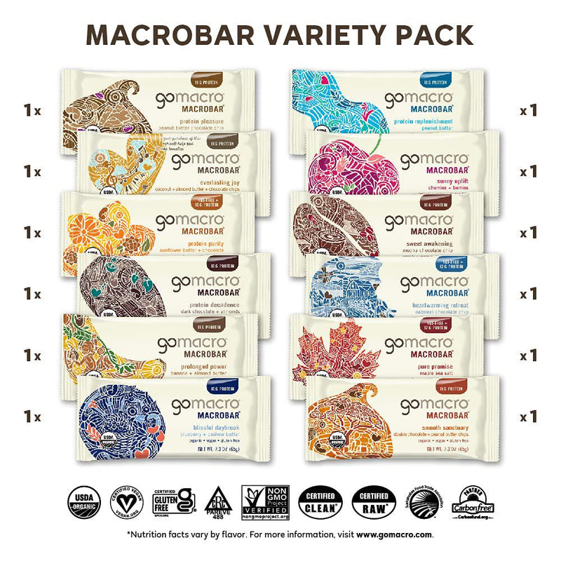 GoMacro MacroBar Organic Vegan Protein Bars - Variety Pack (2.0-2.4 Ounce Bars, 12 Count)