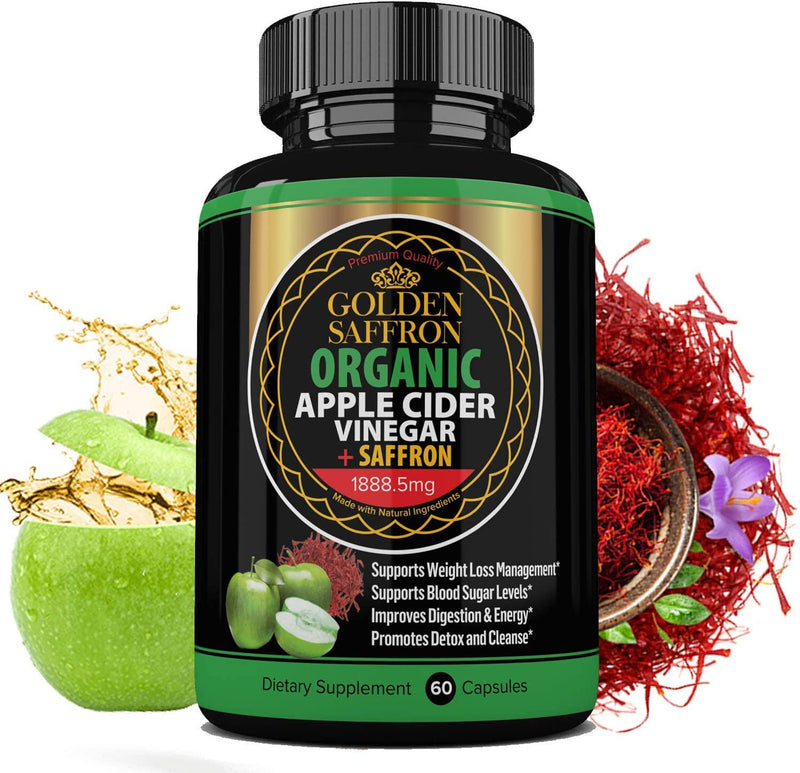 Golden Saffron 100% Organic Apple Cider Vinegar Pills 1800 mg Plus 88.8 Saffron Extract - 2 in 1 Supplement, Natural Digestion, Immune Booster Support and Cleansing Supplement with Probiotics