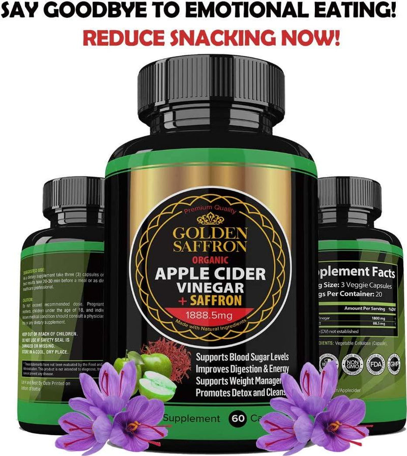 Golden Saffron 100% Organic Apple Cider Vinegar Pills 1800 mg Plus 88.8 Saffron Extract - 2 in 1 Supplement, Natural Digestion, Immune Booster Support and Cleansing Supplement with Probiotics