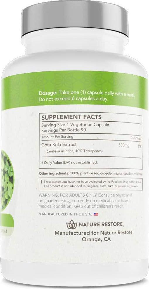 Gotu Kola Extract Supplement, Standardized to 10 Percent Triterpenes, Manufactured in USA, 90 Capsules, Non GMO, Gluten Free, Vegan