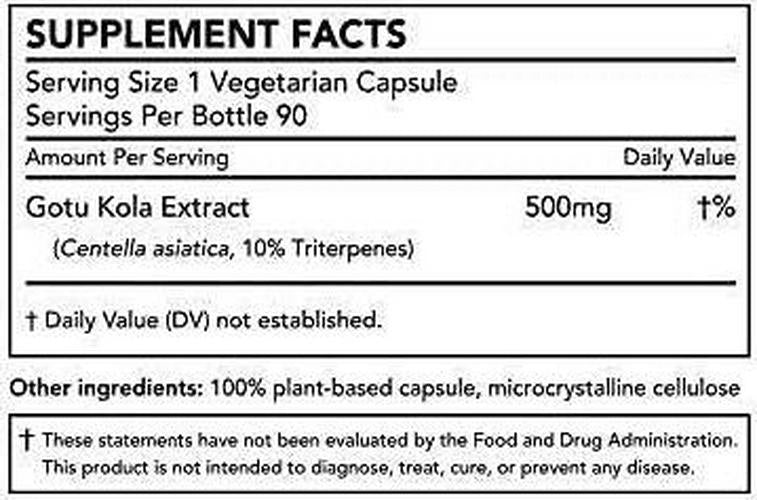 Gotu Kola Extract Supplement, Standardized to 10 Percent Triterpenes, Manufactured in USA, 90 Capsules, Non GMO, Gluten Free, Vegan