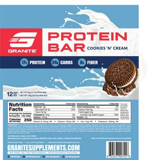 Granite Protein Bars - Box of 12 High Protein Bars | Excellent Source of Fiber, Peanut Butter based with Delicious Flavors | Pre-Workout Snack for Energy, Post-Workout Snack for Recovery (Cookies 'n Cream)