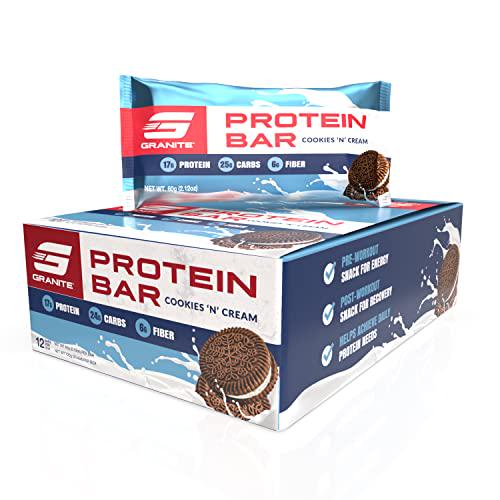 Granite Protein Bars - Box of 12 High Protein Bars | Excellent Source of Fiber, Peanut Butter based with Delicious Flavors | Pre-Workout Snack for Energy, Post-Workout Snack for Recovery (Cookies 'n Cream)