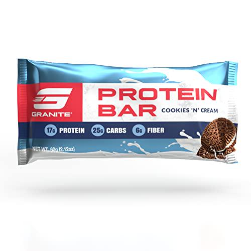 Granite Protein Bars - Box of 12 High Protein Bars | Excellent Source of Fiber, Peanut Butter based with Delicious Flavors | Pre-Workout Snack for Energy, Post-Workout Snack for Recovery (Cookies 'n Cream)