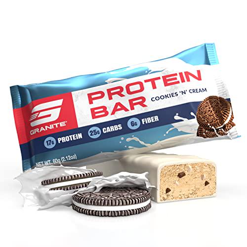 Granite Protein Bars - Box of 12 High Protein Bars | Excellent Source of Fiber, Peanut Butter based with Delicious Flavors | Pre-Workout Snack for Energy, Post-Workout Snack for Recovery (Cookies 'n Cream)