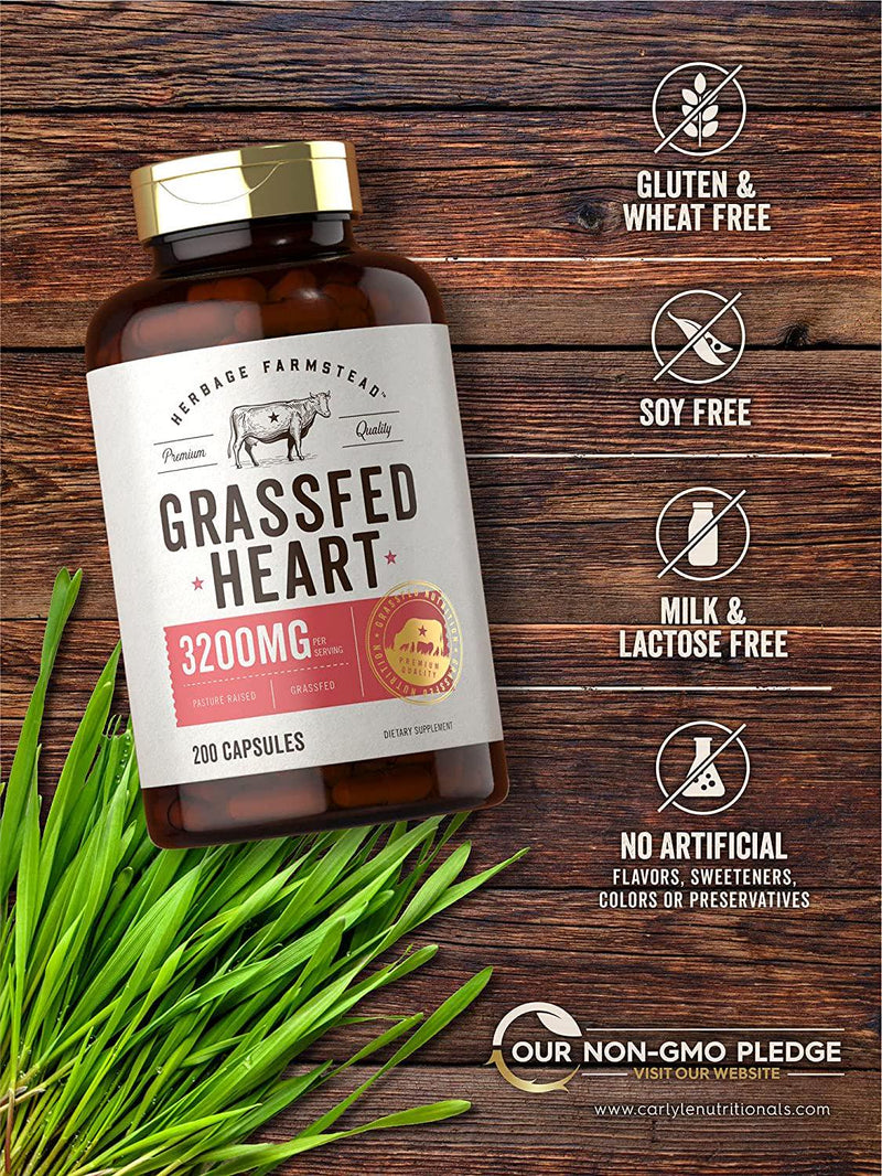Grass Fed Beef Heart 3200mg | 200 Capsules | Desiccated Pasture Raised Bovine Supplement | Non-GMO, Gluten Free | by Herbage Farmstead