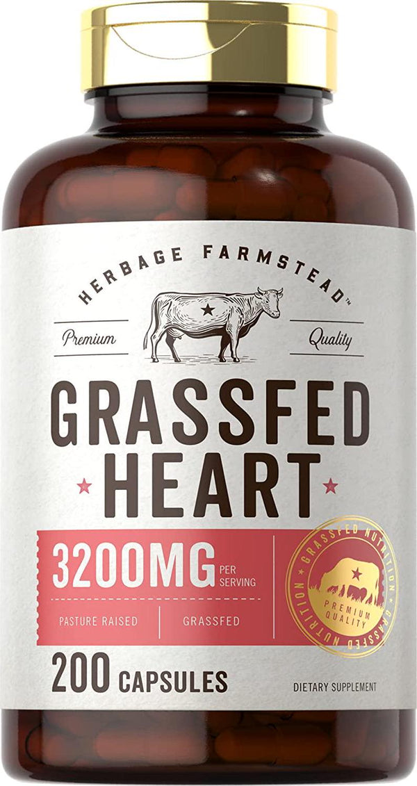Grass Fed Beef Heart 3200mg | 200 Capsules | Desiccated Pasture Raised Bovine Supplement | Non-GMO, Gluten Free | by Herbage Farmstead