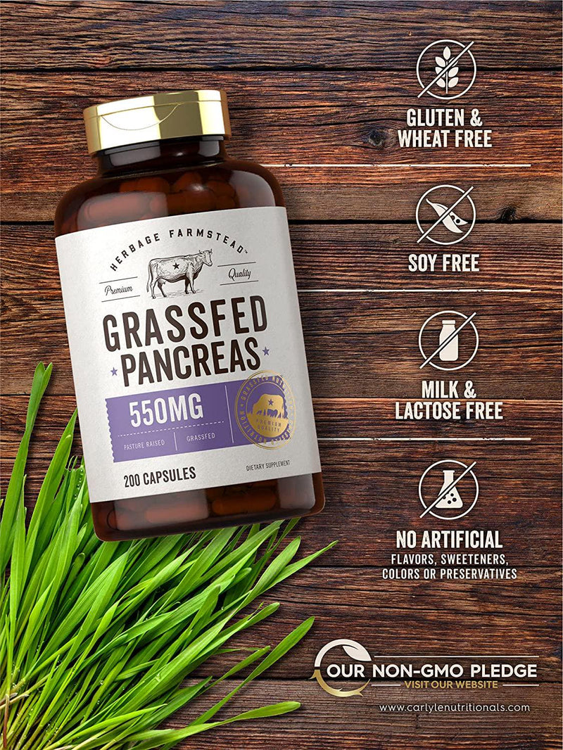 Grass Fed Beef Pancreas 550mg | 200 Capsules | Desiccated Pasture Raised Bovine Supplement | Non-GMO, Gluten Free | by Herbage Farmstead