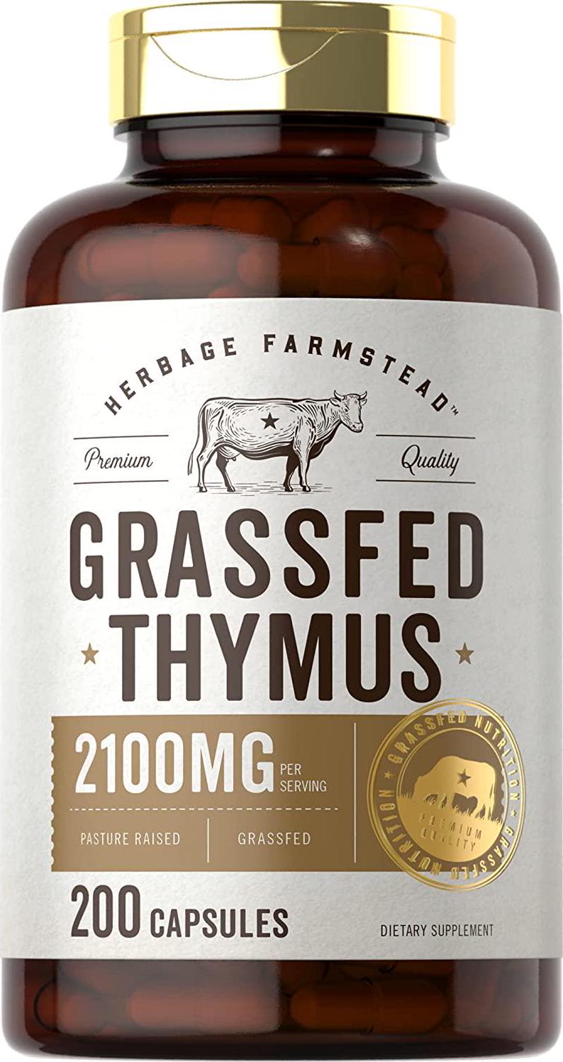 Grass Fed Beef Thymus 2100mg | 200 Capsules | Desiccated Pasture Raised Bovine Supplement | Non-GMO, Gluten Free | by Herbage Farmstead