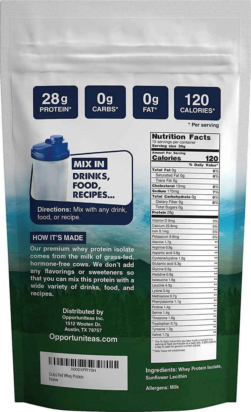 Grass Fed Whey Protein Powder Isolate - Unflavored - Low Carb Keto and Paleo Diet Friendly - Pure Grass-Fed Protein for Shakes, Smoothies, Drinks and Recipes- Non GMO and Gluten Free - 1 Pound