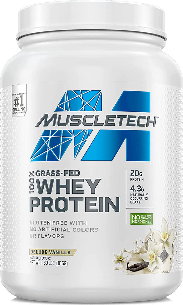 Grass Fed Whey Protein | MuscleTech Grass Fed Whey Protein Powder | Protein Powder for Muscle Gain | Growth Hormone Free, Non-GMO, Gluten Free | 20g Protein + 4.3g BCAA | Deluxe Vanilla, 1.8 lbs