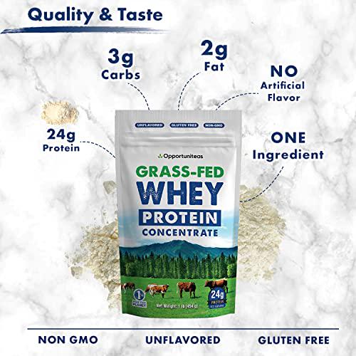 Grass Fed Whey Protein Powder Concentrate - Unflavored and Unsweetened - Pure Protein Supplement for Drink, Smoothie, Shake, Cooking and Baking - Non GMO, Hormone Free and Gluten Free - 1 Pound