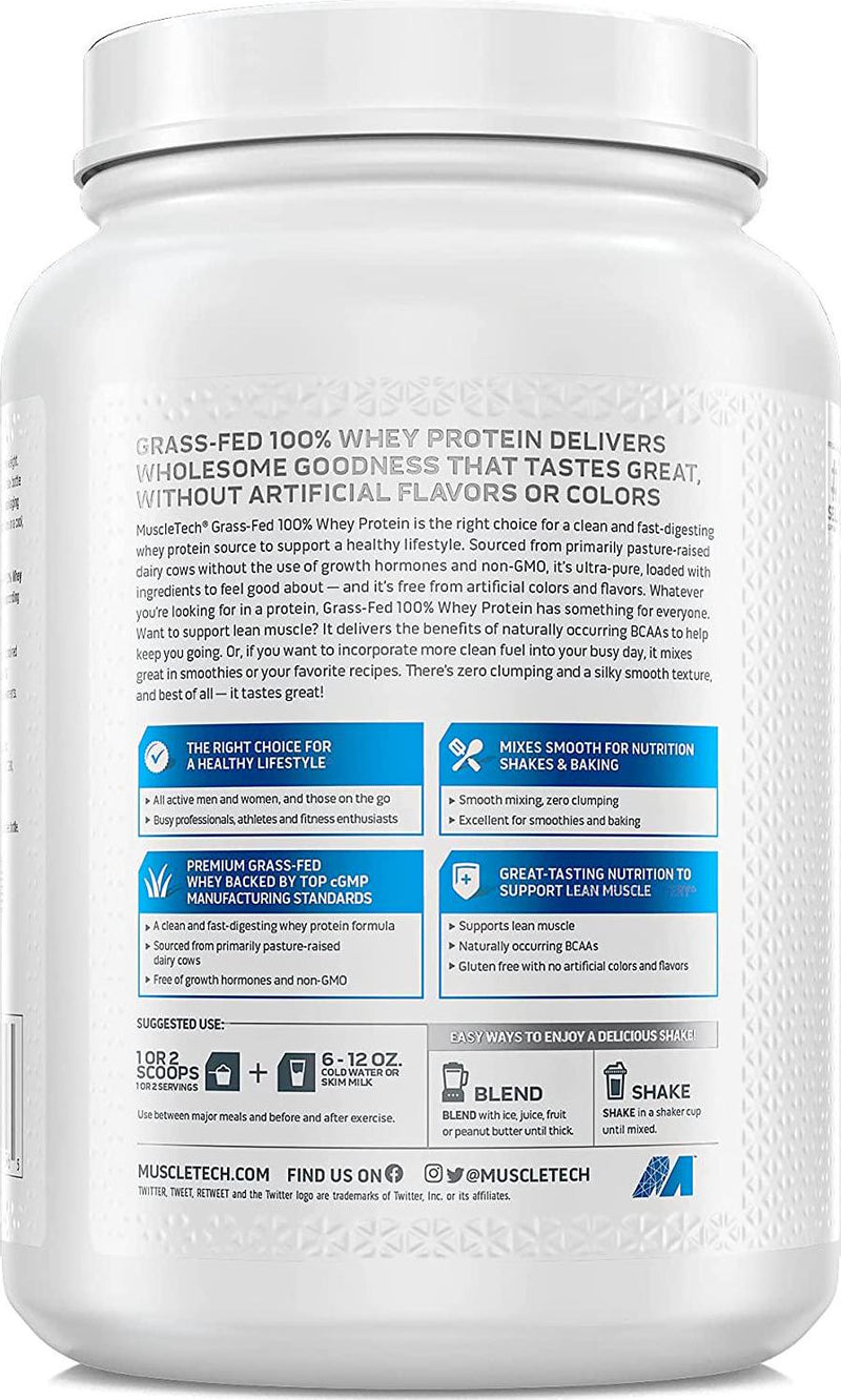 Grass Fed Whey Protein, MuscleTech Grass Fed Whey Protein Powder, Protein Powder for Women and Men, Growth Hormone Free, Non-GMO, Gluten Free, 20g Protein and 4.3g BCAA, Chocolate, 816 g (23 Servings)
