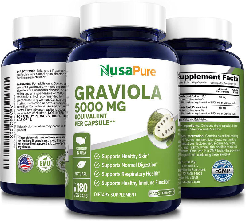 Graviola 1350mg 200 Veggie Caps (Non-GMO, Gluten Free) Soursop Supplement - Healthy Skin and Helps Promotes Cell Growth, Respiratory System, Balanced Mood