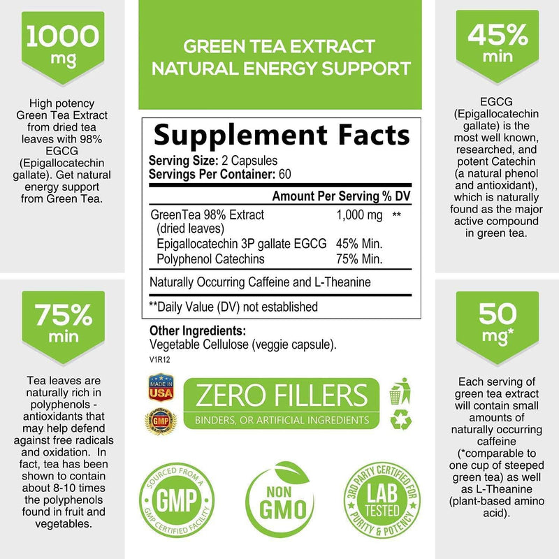 Green Tea Extract 98% with EGCG for Weight Loss 1000mg - Boost Metabolism for Healthy Heart - Antioxidants and Polyphenols for Immune System - Gentle Caffeine - Natural Fat Burner Pills - 120 Capsules