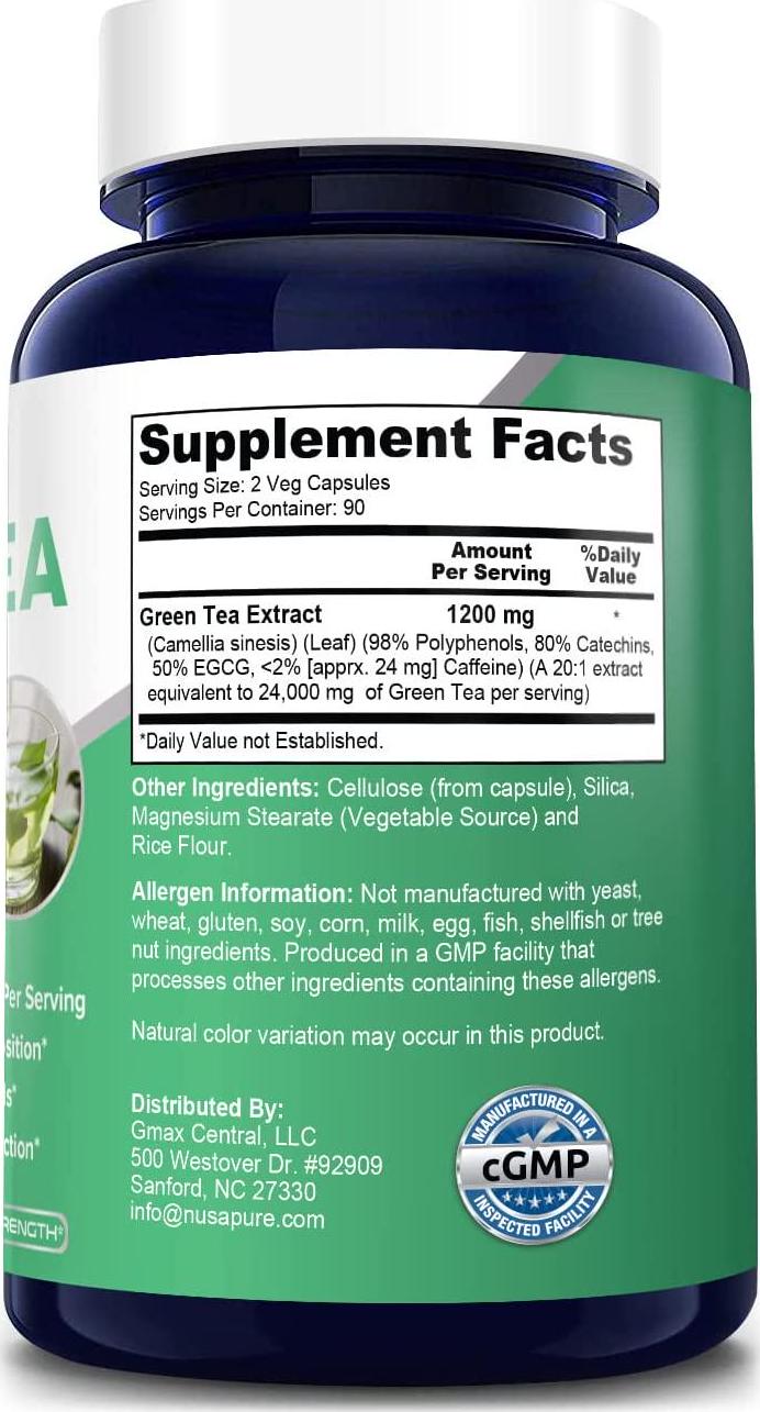 Green Tea Extract 98% 1000mg with EGCG 180 Capsules (Non-GMO and Gluten Free) Max Potency for Weight Loss and Metabolism Boost - Natural Caffeine for Gentle Energy