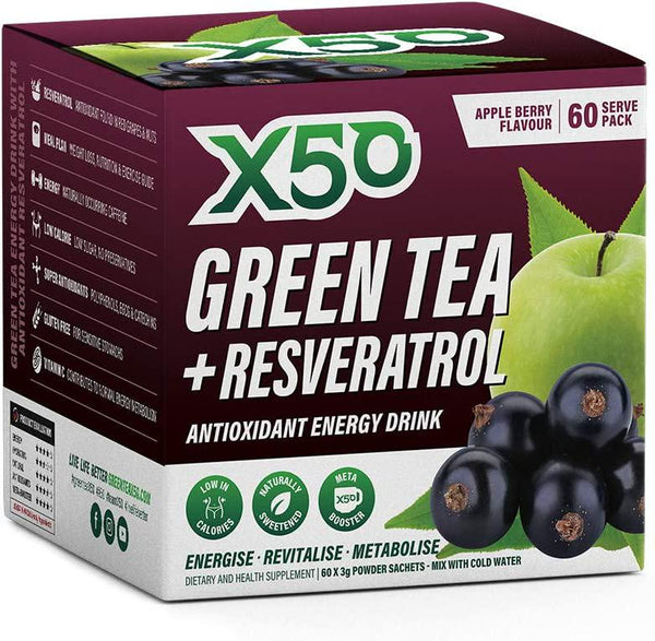 Green Tea X50 Green Tea and Resveratrol Apple Berry Energy Drink 60 Sachets, Energy, Antioxidants, Fat Burner,, Apple Berry 180 grams