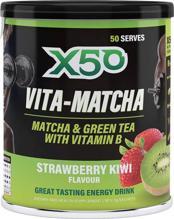 Green Tea X50 Vita Matcha Strawberry Kiwi Energy Drink 50 Sachets, Strawberry Kiwi, 150 grams