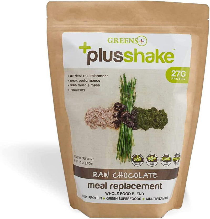 Greens+ PlusShake Raw Chocolate Grass Fed Whey Protein Powder - Meal Replacement | Non-GMO | Gluten and Soy Free | Dietary Supplement | Green Superfood + Multi-Vitamins | 27g Protein | 1.5 lb Bag