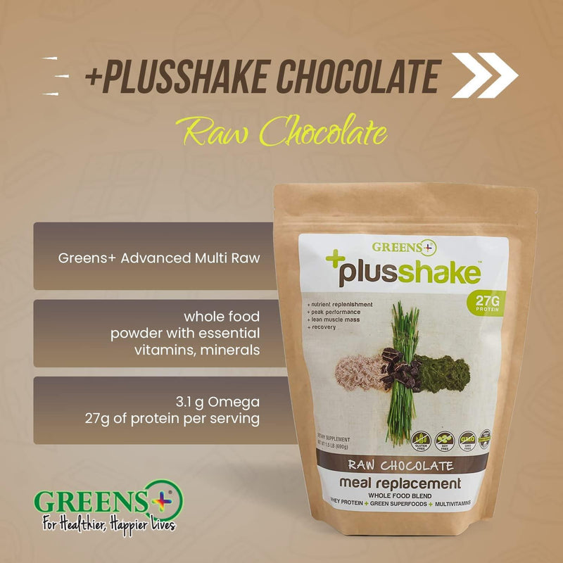 Greens+ PlusShake Raw Chocolate Grass Fed Whey Protein Powder - Meal Replacement | Non-GMO | Gluten and Soy Free | Dietary Supplement | Green Superfood + Multi-Vitamins | 27g Protein | 1.5 lb Bag