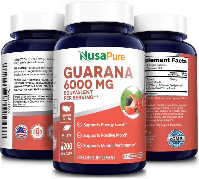 Guarana Extract 6000mg 200 Veggie caps (Non-GMO and Gluten Free)