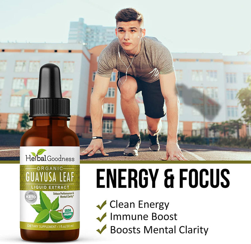 Guayusa Leaf Extract Brain Focus - Natural Caffeine Stamina Drink Energy Supplement, Coffee Alternative, Stress Relief - Organic Kosher 1oz Bottle - Herbal Goodness