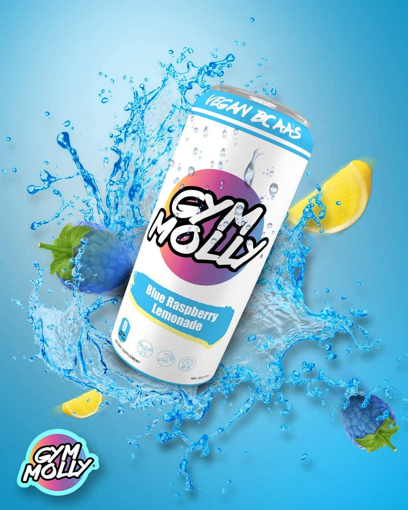 Gym Molly Blue Raspberry Lemonade Energy Drink Cans | Zero Sugar | Hydro Creatine | Vegan BCAAs | B Vitamins | 16 fl oz (Pack of 12)