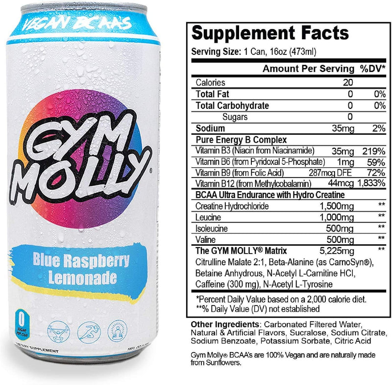 Gym Molly Blue Raspberry Lemonade Energy Drink Cans | Zero Sugar | Hydro Creatine | Vegan BCAAs | B Vitamins | 16 fl oz (Pack of 12)