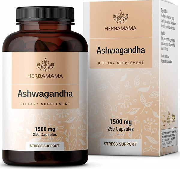 HERBAMAMA Ashwagandha 250 Capsules 1500mg - Organic Withania Somnifera Root Powder - Natural Support for Stress Relief, Sleep Aid and Mood Enhancer - Vegan, and Non-GMO Pills
