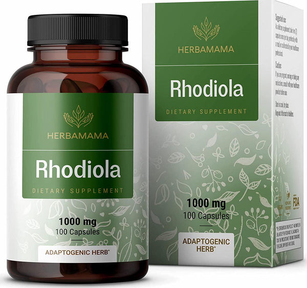 HERBAMAMA Rhodiola Capsules - Daily Dietary Supplement Promoting Energy Boost, Brain Function, Natural Stress Relief - Helps with Weight Management, Exercise Performance - 1000mg, 100 Caps per Bottle