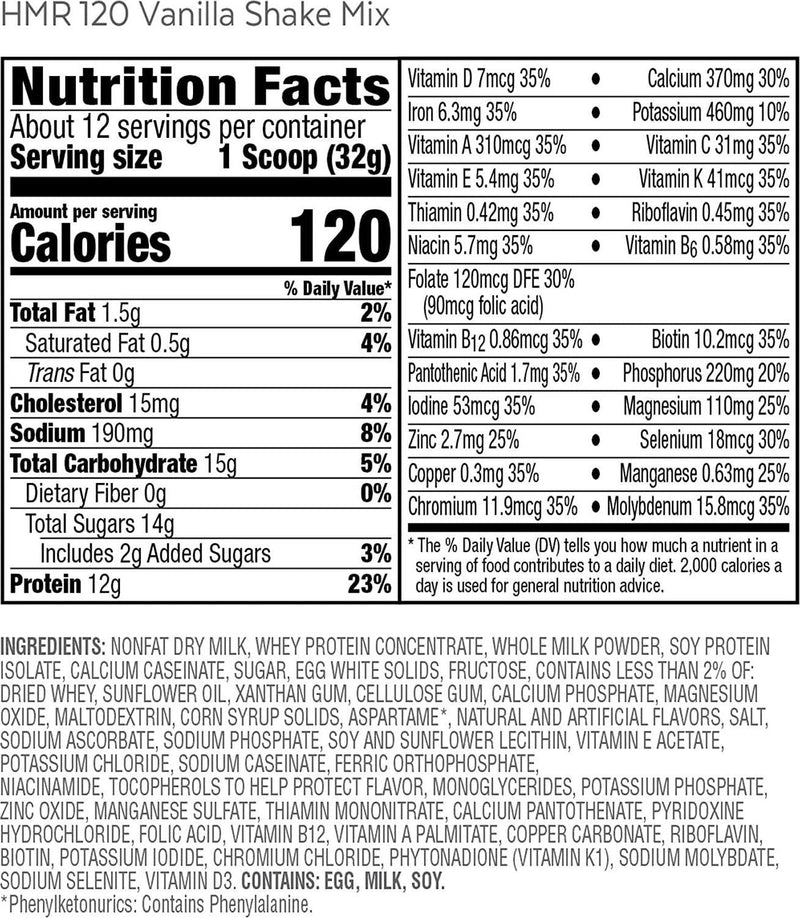HMR 120 Vanilla Shake Meal Replacement Powder, 12g Protein, 120 Cal., Canister of 12 Servings