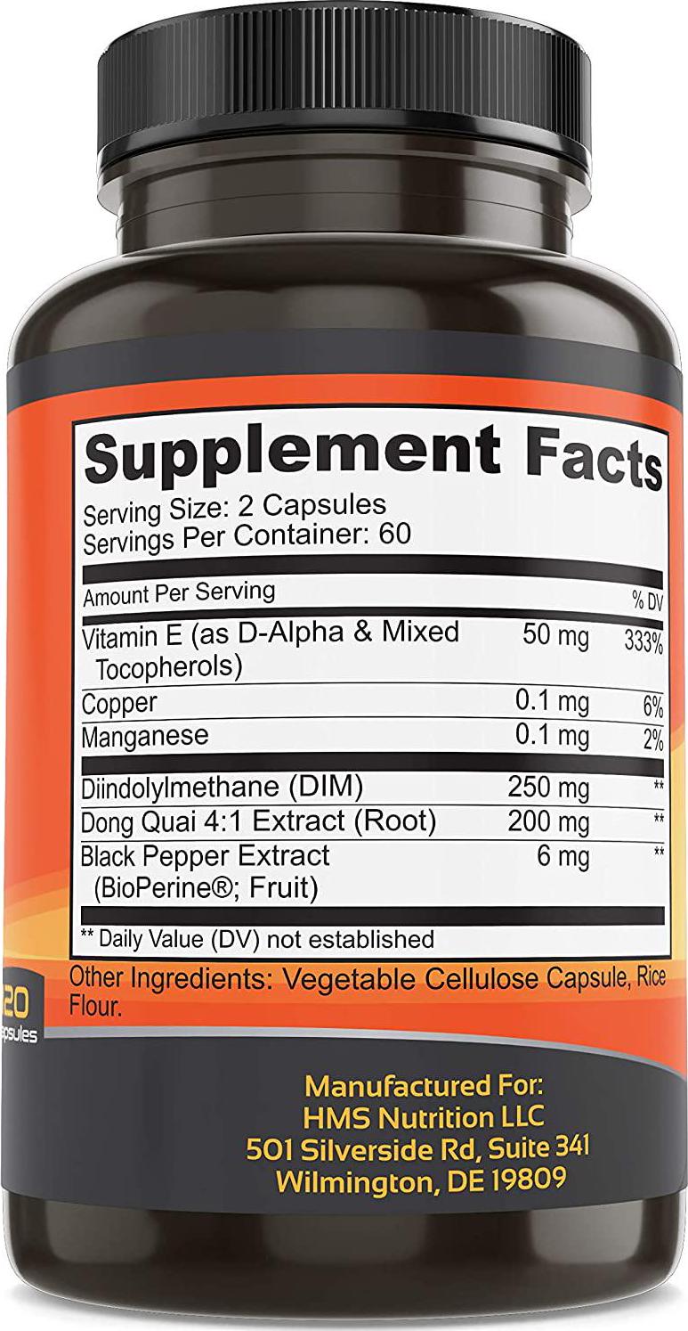 HMS Nutrition 250mg DIM Antioxidant Vitamin E with Black Pepper (BioPerine) for Enhanced Absorption Along with 200mg of Dong Quai
