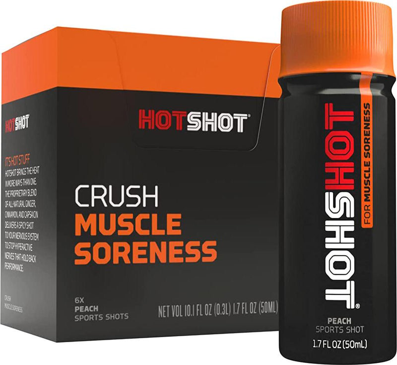 HOTSHOT Sports Shot Muscle Soreness Relief and Recovery, All-Natural Pre and Post Workout, NSF Certified for Sport, Organic and Scientifically-Proven Active Ingredients, Gluten-Free, GMO-Free (Peach) (1.7 Fl Oz (Pack of 6)