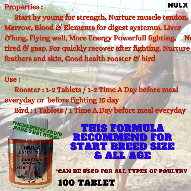 HULX Begin Plus 100 Tablets, Start Program Formula Rooster Booster Vitamins Health Supplement for Good Health, Build Muscle, Blood, Energy Power Feed Chicken Bird Poultry, Fighting Gamecocks Hen Food