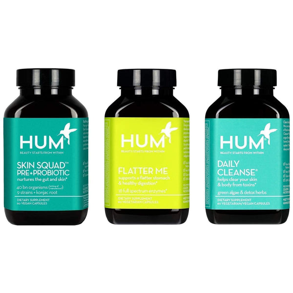 HUM Clear Skin and Body Detox Support Supplement Set with Daily Cleanse Skin Supplement, Flatter Me Digestive Enzymes and Skin Squad Pre+Probiotic (3 Products, 60 Vegan Capsules Each)