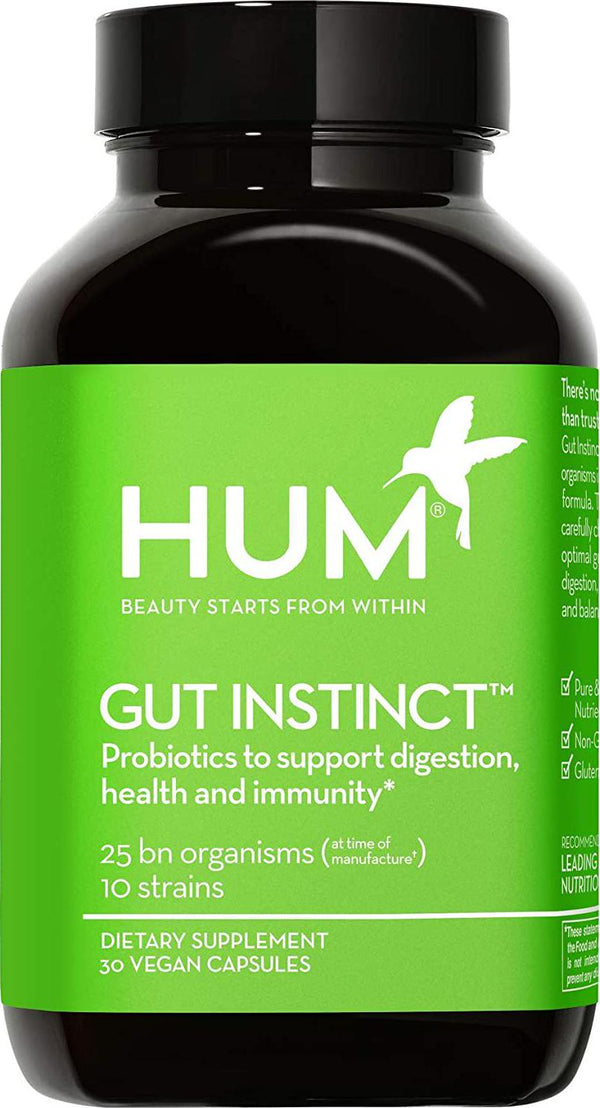 HUM Gut Instinct - 25 Billion CFU Skin Beauty and Gut Support Vegan Probiotics (30 Vegetarian Capsules)