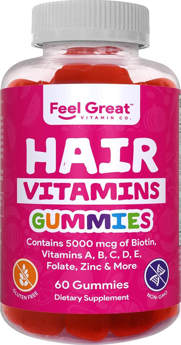 Hair Gummy Vitamins with Biotin 5000mcg for Men and Women by Feel Great 365. Promotes Natural Hair Growth, with Shiny, Thicker and Stronger Hair.* Packed with Vitamins B-12, C, D, and E and More
