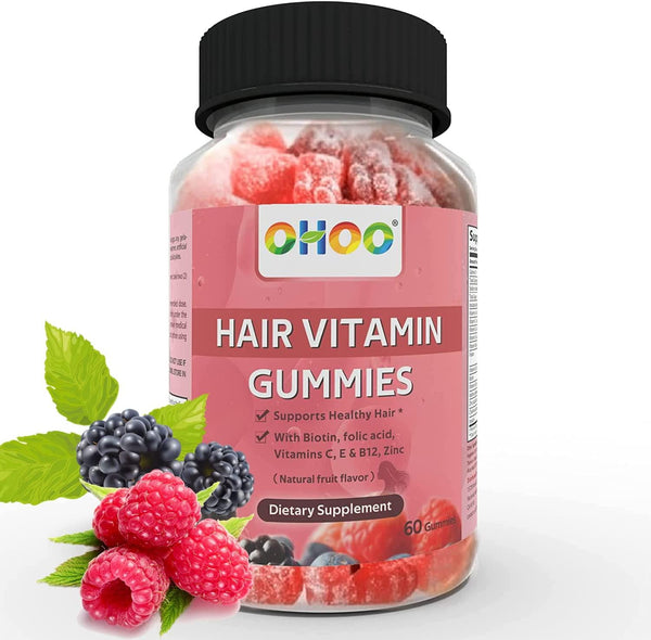 Hair Vitamins-Gummy Vitamins with Biotin, Vitamin D, C, A, E, Vitamin B-12, B6, B5, Folic Acid and Zinc, Supports Hair Growth for Women, Men and Kids (1 Month Supply)
