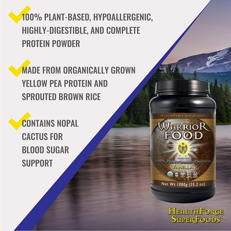 HealthForce SuperFoods Warrior Food, Vanilla - 1000 Grams - All-Natural, Plant-Based Protein Powder - Organic, Non-GMO, Vegan, Gluten Free - 50 Servings