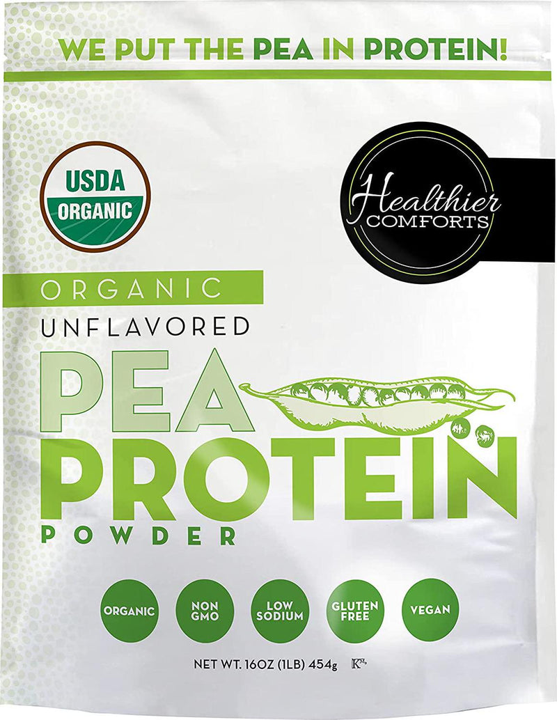 Healthier Comforts Pea Vegan Protein Powder w/ Low Sodium | 100% Plant Based Protein Powder | Kosher, Gluten Free, Non-GMO, Keto Friendly, Organic Protein Powder | Unflavored Protein Powder 16oz