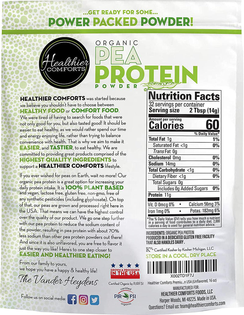 Healthier Comforts Pea Vegan Protein Powder w/ Low Sodium | 100% Plant Based Protein Powder | Kosher, Gluten Free, Non-GMO, Keto Friendly, Organic Protein Powder | Unflavored Protein Powder 16oz