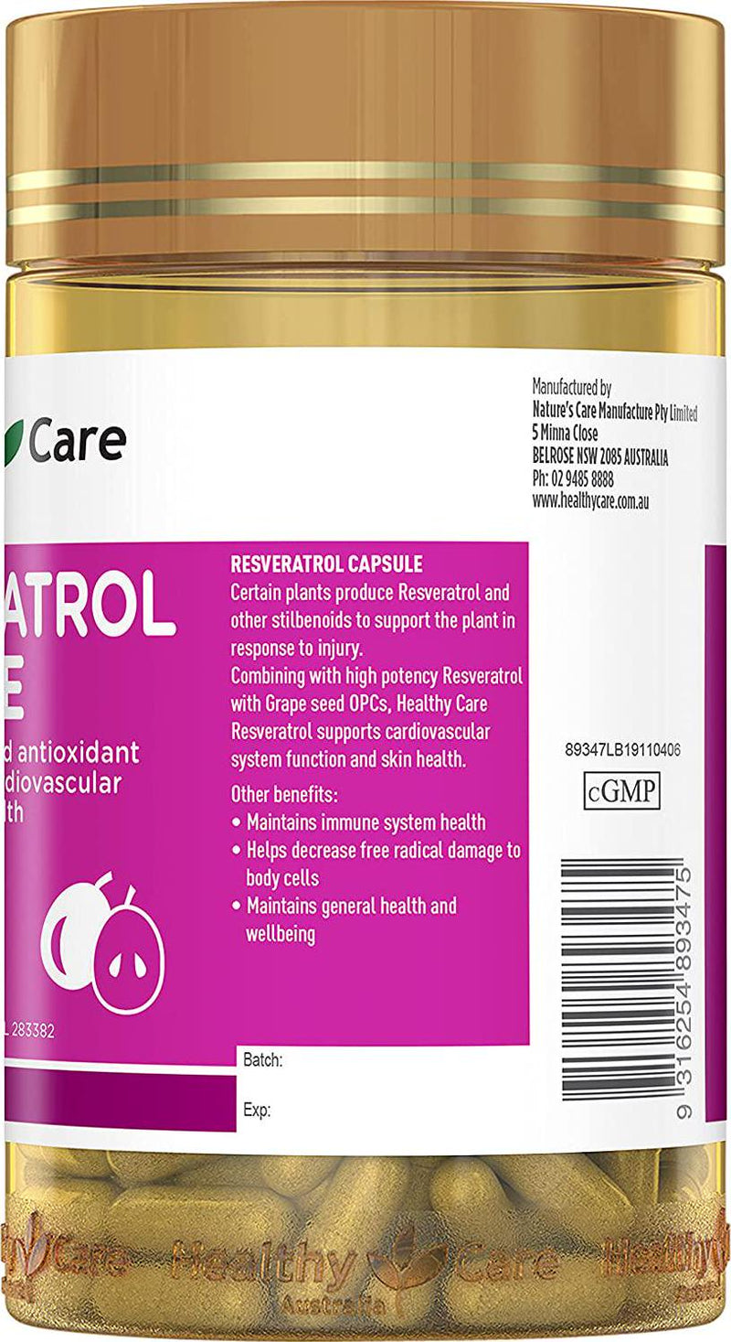 Healthy Care Resveratrol Capsules, Rhod Red, 180 Count